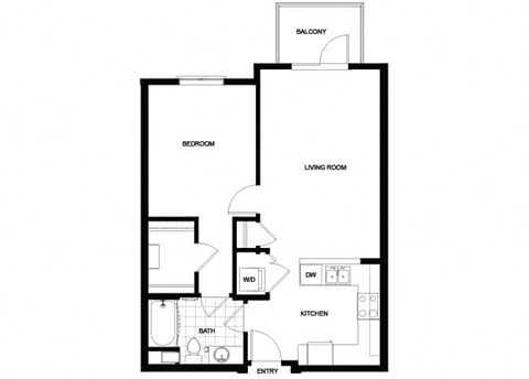 Floor plan for 1 bed, 1 bath, 733 sqft